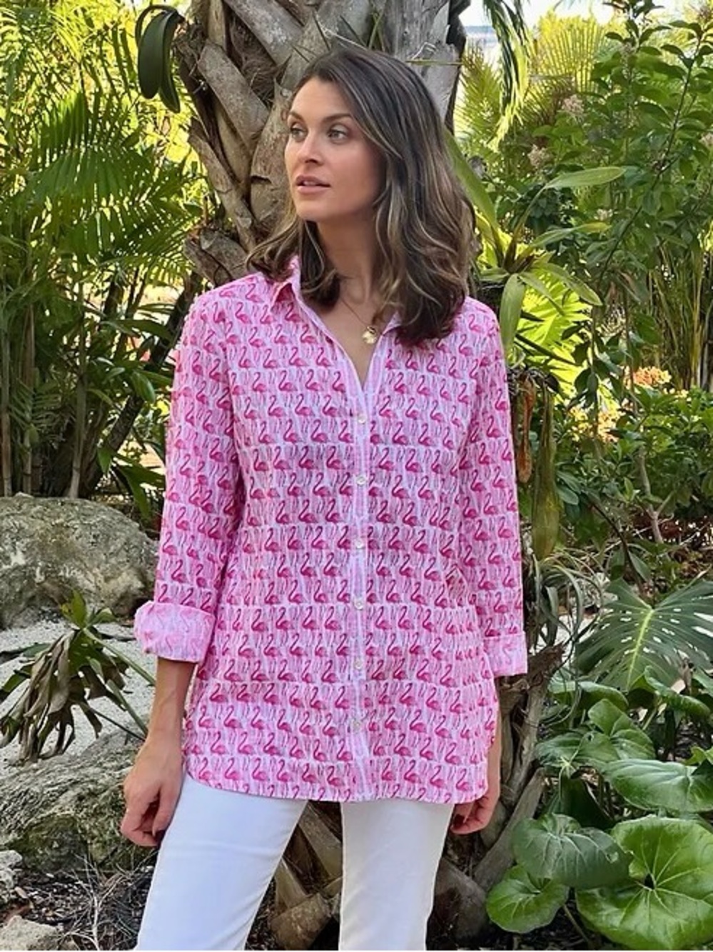 Beach to Bistro by Sigrid Olsen Artisan Shirt Pink Flamingo Print